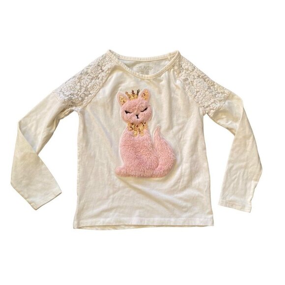Purrfect kitty fur princess‎ applique raglan lace sleeves white tee Girls 5/6 - Picture 1 of 6